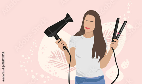 hairdressers working with clients in the barbershop. Hairdressers make haircuts and hairstyles for men and women. Colored flat vector illustration, hair dryer.
