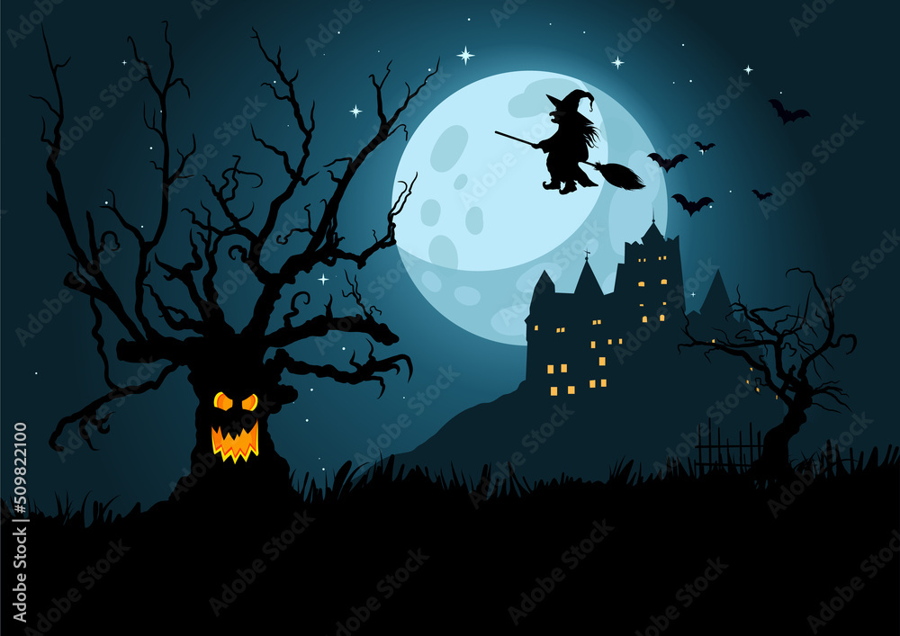 Cartoon, flat halloween background. Witch, full moon, bats, spooky trees and castle