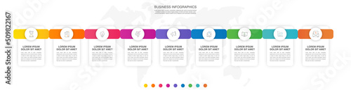 Vector line infographics template for 9 arrows and circles. Business concept with nine elements and icons. Modern blank space for chart, content, step for step, timeline, diagram, web