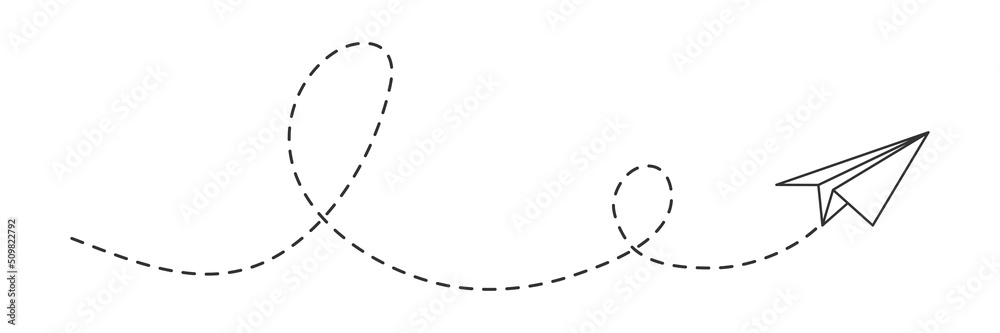 Paper airplane with line dotted route. Sending message linear fold plane with dotted path. Vector isolated on white.
