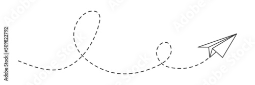 Paper airplane with line dotted route. Sending message linear fold plane with dotted path. Vector isolated on white.