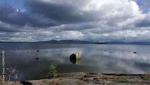 Stunning calm and relaxing scenery of lake landscape. Clouds with reflection on water. photo