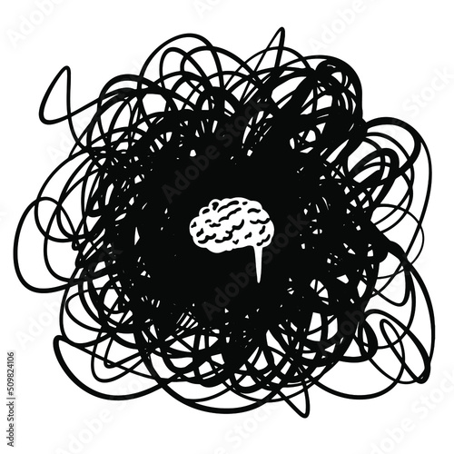 Brainstorm hand drawn chaos doodle sketch scribble illustration in monochrome style. Frustration depression loneliness thoughts.