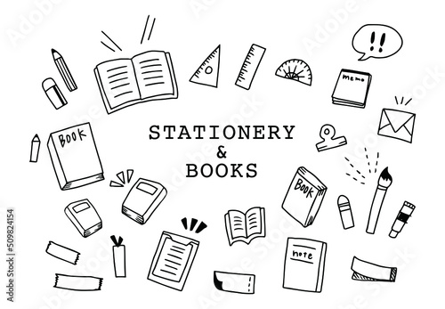 本と文房具の線画セット