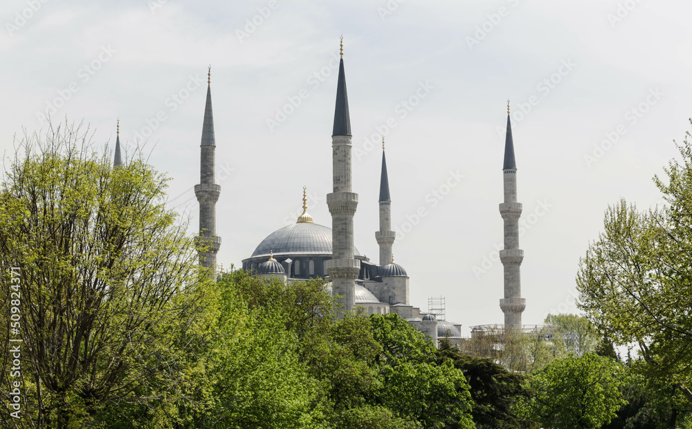Minarets of the Blue Mosque (Sultanahmet). View from Mehmet Akif Ersoy Park. Istanbul, Turkey