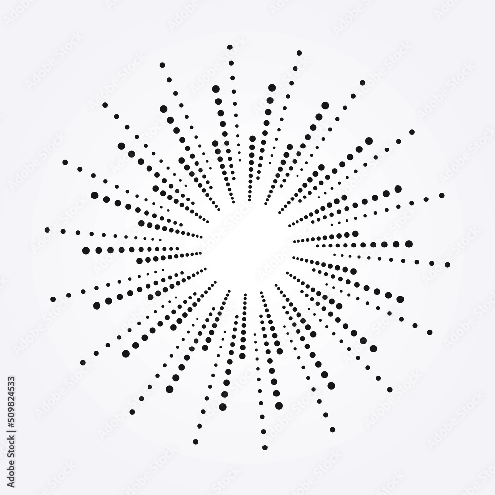 Halftone radial background. Abstract concentric circle backdrop, pattern, object, texture as design element. Vector illustrations.