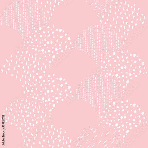 Vector illustration. Children's drawing. Spotted white and pink background. Geometric abstract pattern of hand-drawn shapes. Filled and linear organic forms.