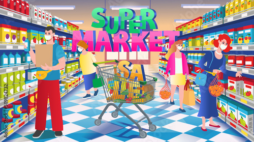 Supermarket banner with people. Perspective view of supermarket aisle. Supermarket with colorful shelves of merchandise supermarket food cart with sale letters and with people. Cartoon vector illustra