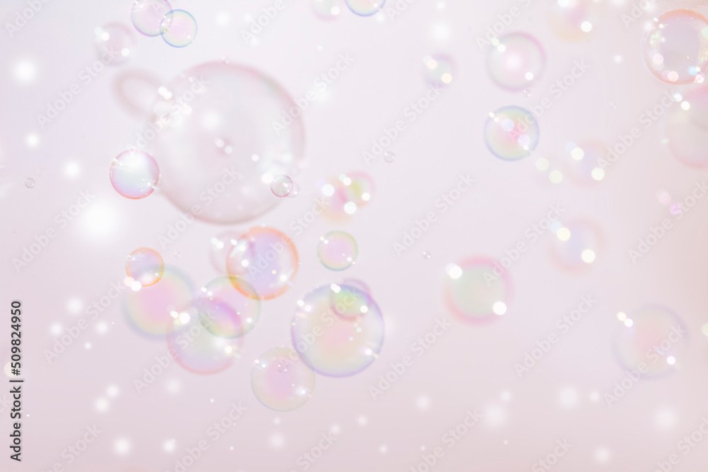 Beautiful Shiny Pink Soap Bubbles Background. Soap Sud Bubbles Water.	