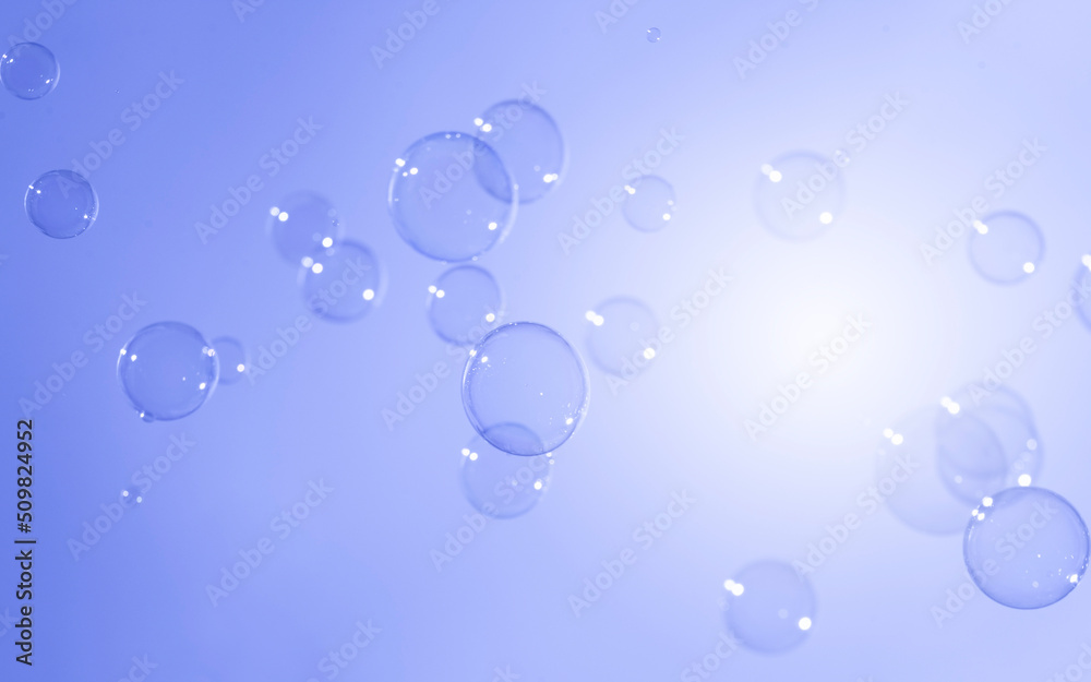 Beautiful Purple Transparent Soap Bubbles Background. Soap Sud Bubbles Water.	
