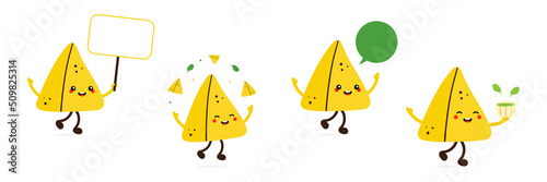 Set, collection of cute cartoon style samosa, indian baked savory pastry characters doing different activities, talking, juggling, holding card and chutney sauce.
