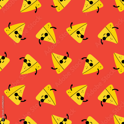 Cool smiling cartoon style samosa characters wearing sunglasses vector seamless pattern background for food design.