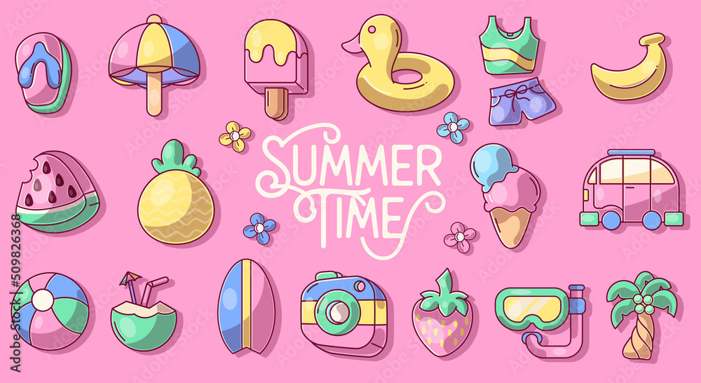 Hello Summer collection. Vector illustration of colorful funny doodle summer symbols, such as flamingo, ice cream, palm tree, sunglasses, cactus, surfboard, pineapple and watermelon.