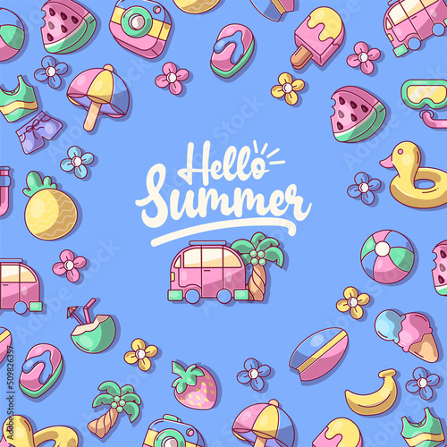 Hello Summer collection. Vector illustration of colorful funny doodle summer symbols, such as flamingo, ice cream, palm tree, sunglasses, cactus, surfboard, pineapple and watermelon.