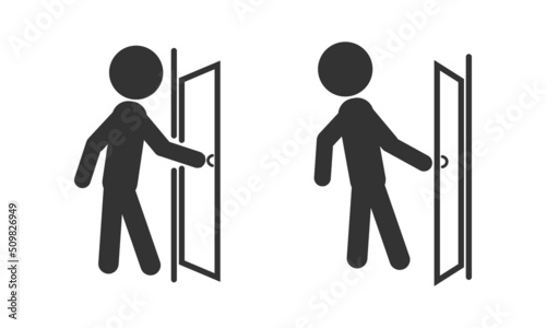 Push and Pull to open door stickman illustration black outline. Label sticker design illustration of man open and close gate