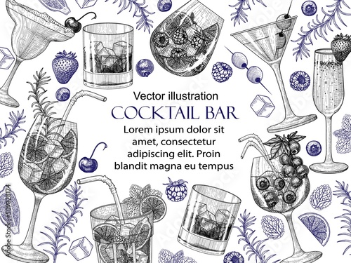 Vector frame of cold drinks in glasses in engraving style. Graphic linear aperol, mojito, strawberry champagne, berry cocktail, martini, iced whiskey, cherry 
