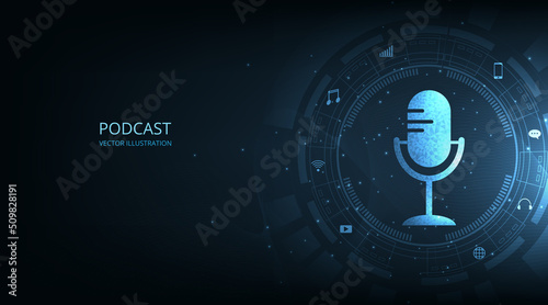 Podcast vector concept.Podcast logo, Microphone icon on dark blue background.
