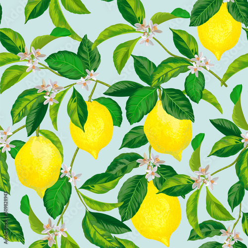 Lemon citrus pattern. Vector seamless summer illustration. Exotic fruit. Tropical wallpaper print.