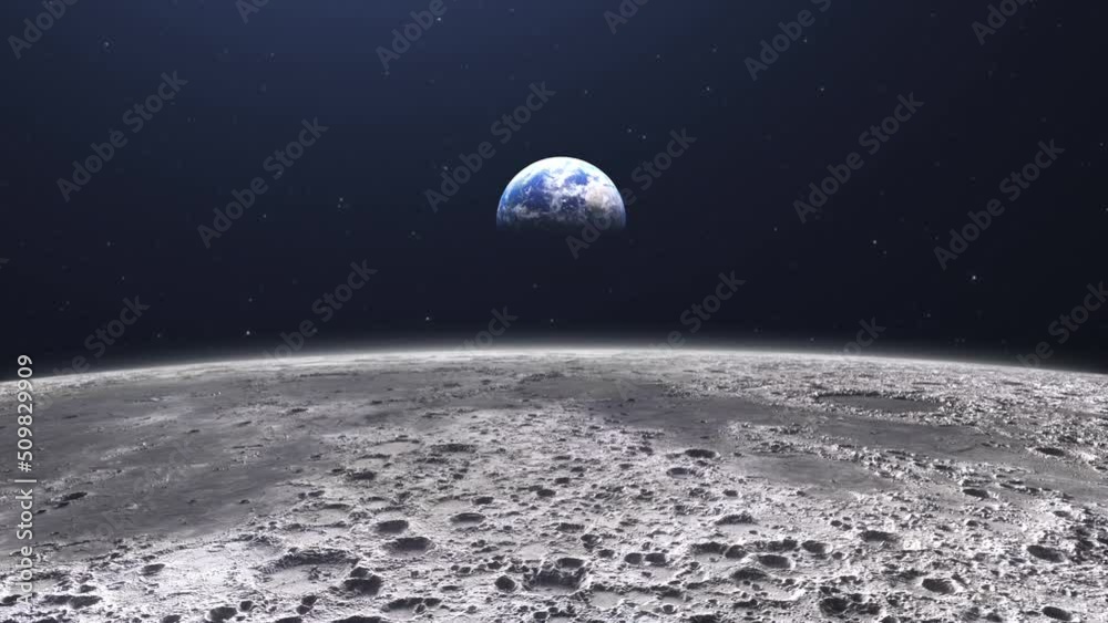 Cinematic planet earth view from the moon surface. Starry space in the background. Travel across the lunar soil with craters.