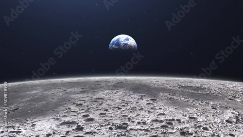 Cinematic planet earth view from the moon surface. Starry space in the background. Travel across the lunar soil with craters. photo