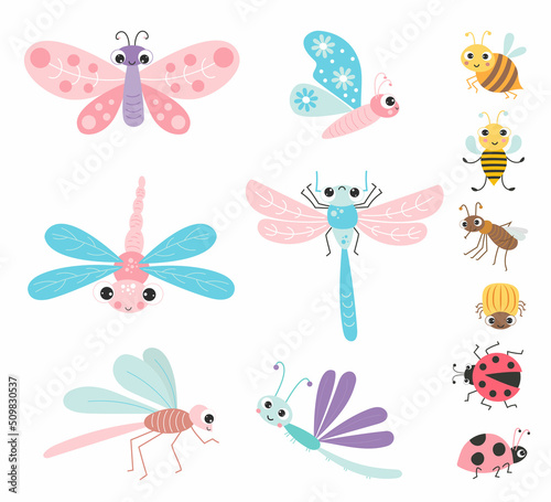 Collection of cute winged insects and beetles. Funny characters butterfly  dragonfly  bee and mosquito  ladybug and Colorado potato beetle. Vector illustration. Isolated elements for design  decor
