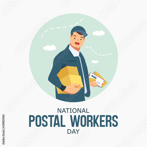 Male postal officer brings a letter to deliver cartoon vector illustration. National postal workers day celebration flat poster