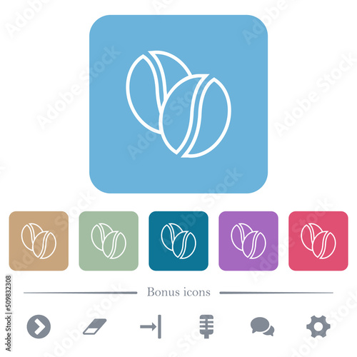 Coffe beans outline flat icons on color rounded square backgrounds