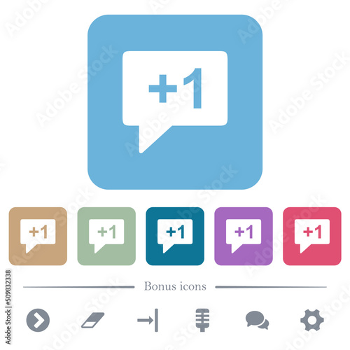 Plus one sign flat icons on color rounded square backgrounds