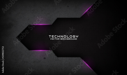 3D black techno abstract background overlap layer on dark space with purple light effect decoration. Graphic design element dirty style concept for banner, flyer, card, brochure cover, or landing page