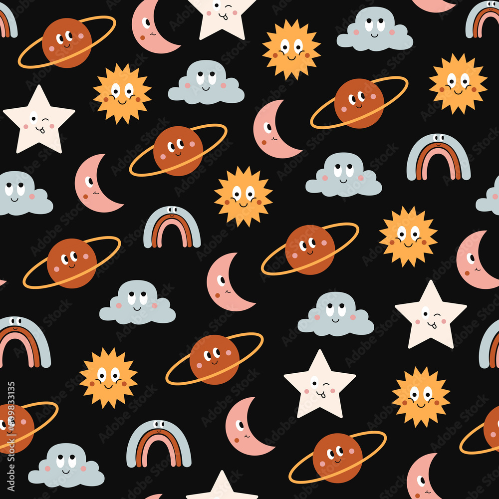Fototapeta premium Colorful seamless pattern of funny cartoon icons sun, cloud, moon, planet and rainbow isolated on black background. Cute vector characters illustration