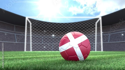 Denmark soccer ball, rolling into stadium with camera flashes. 3D animation