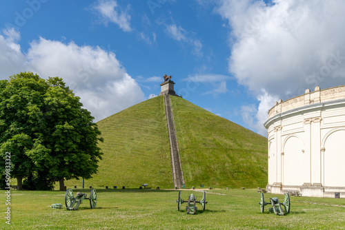 view of the Lion's Mound and cannons at the Waterloo Battlefield Memorial outisde of Brussels photo