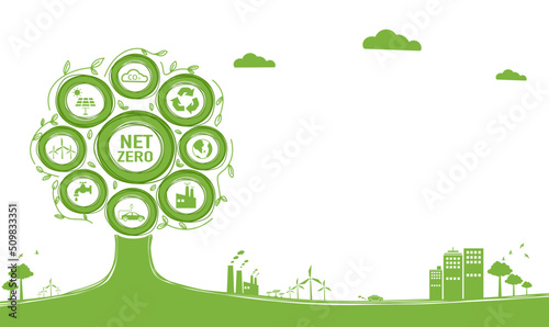 Net zero and carbon neutral concept. Net zero greenhouse gas emissions target. Climate neutral long term strategy with green net zero icon and green icon on green circles doodle background.