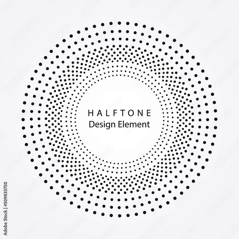 Halftone design element. Abstract background. Dotted round logo. Halftone swirl object. Halftone dots circle texture, pattern, object. Vector art illustration.	