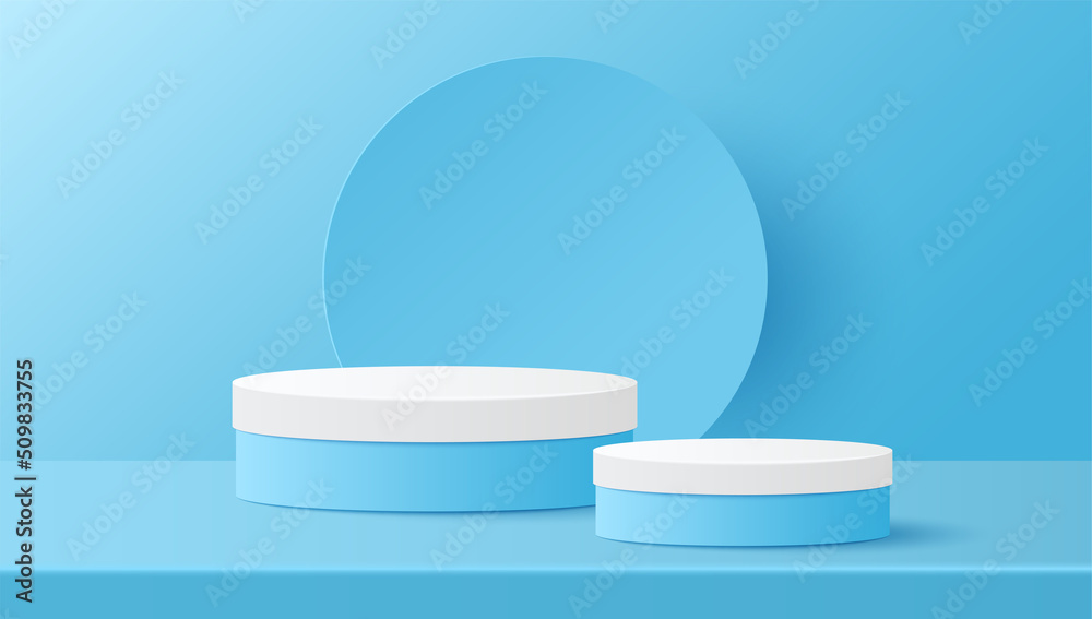 Paper cut of minimal scene with white and blue cylinder podium on blue background. Product presentation, mock up, show cosmetic. Vector illustration Paper cut of minimal scene with white and blue cylinder podium on blue background. Product presentation, mock up, show cosmetic. Vector illustration
