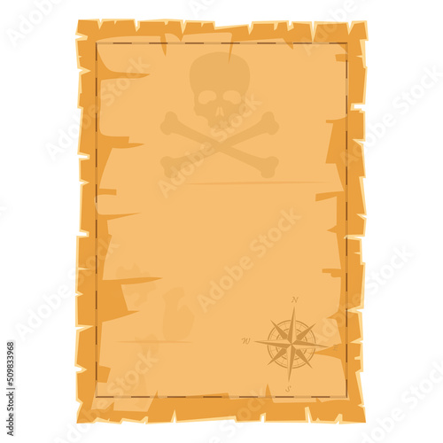 Cartoon pirate map. Old paper scroll.Vintage cartography template. Dirty papyrus with skull symbol