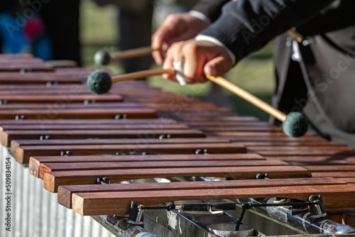 Bild auf Leinwand Xylophone keys with musician's hands playing the instrument.