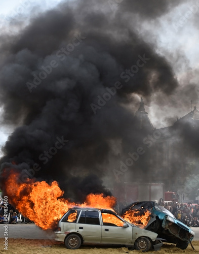 Burning and flaming cars outdoor © majorosl66