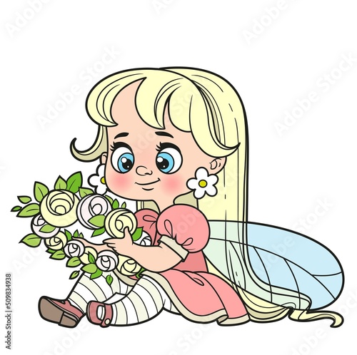 Cute cartoon little fairy sits on the floor and weaves a wreath color variation for coloring page isolated on a white background