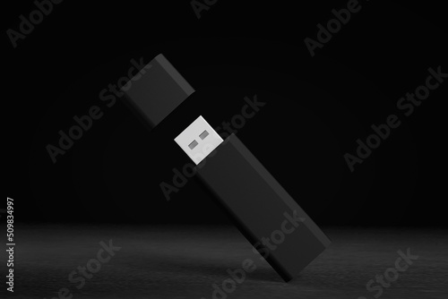Vászonkép 3D illustration. Black pendrive isolated on black background
