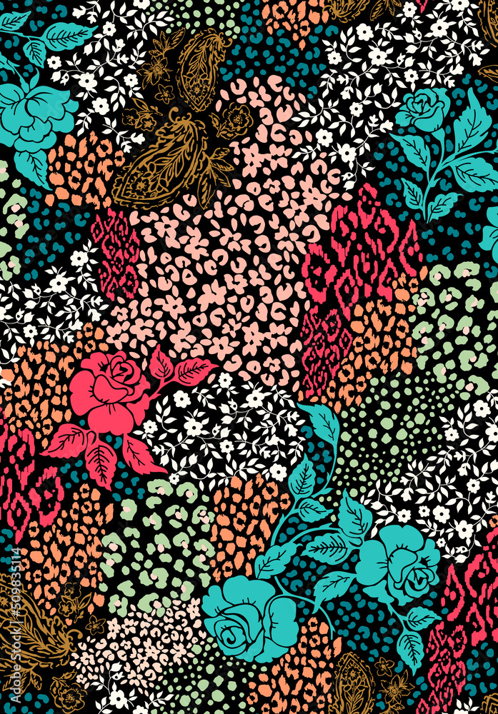Seamless leopard pattern, animal print with flowers. Seamless leopard pattern, animal print with flowers.