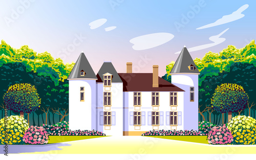 Fototapeta Medieval romantic old mansion with garden, flowering beds and trees