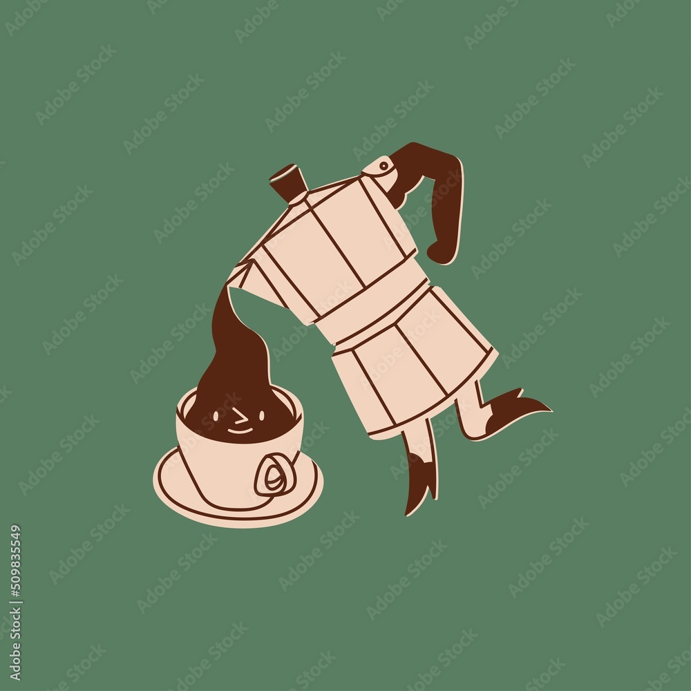 Moka pot pours coffee into a cup. Coffee maker with legs in boots. Cup with face. Logo, icon, coffee shop, menu design template. Cute cartoon style characters. Hand drawn isolated Vector illustration