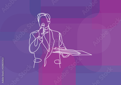 Man is speaking on indoor business conference for managers- continuous line drawing