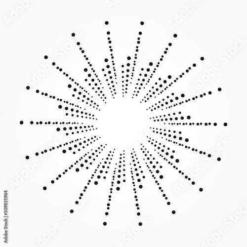 Radial halftone dots in Circle Form. Dotted fireworks Explosion background. Vector Illustration. Circular Design element. Halftone design element.