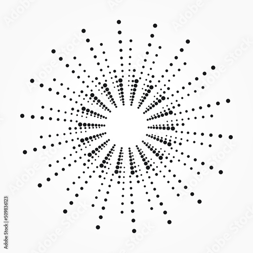 Halftone radial background. Abstract concentric circle backdrop, pattern, object, texture as design element. Vector illustrations.