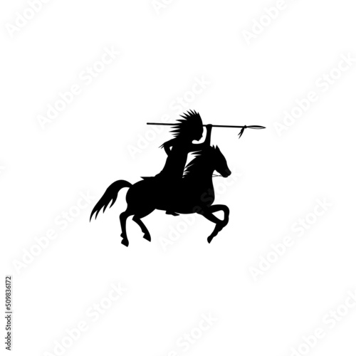 native american indian chief with spear and feathered headdress riding a horse - black vector silhouette
