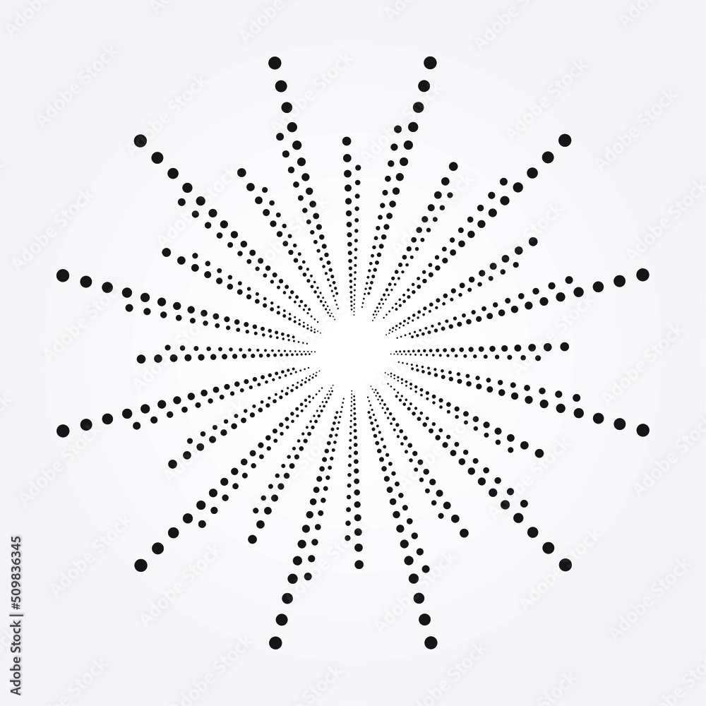 Radial halftone dots in Circle Form. Dotted fireworks explosion background. Starburst round Logo. Circular Design element. Abstract Geometric star rays. Radial halftone dots in Circle Form. Dotted fireworks explosion background. Starburst round Logo. Circular Design element. Abstract Geometric star rays.