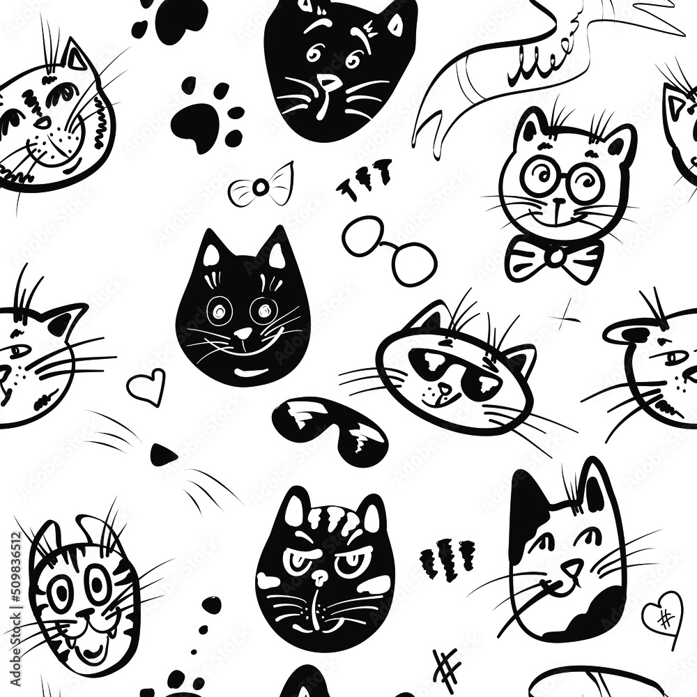 Cute endless pattern with cool, funny cats and decorative elements. Black and white simple printable pattern.