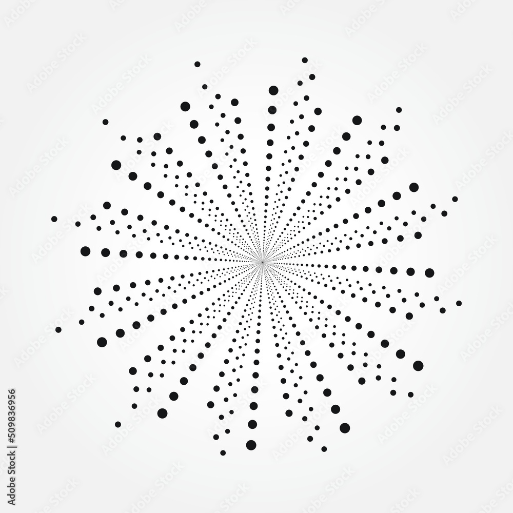 Radial halftone dots in Circle Form. Dotted fireworks Explosion background. Vector Illustration. Circular Design element. Halftone design element.